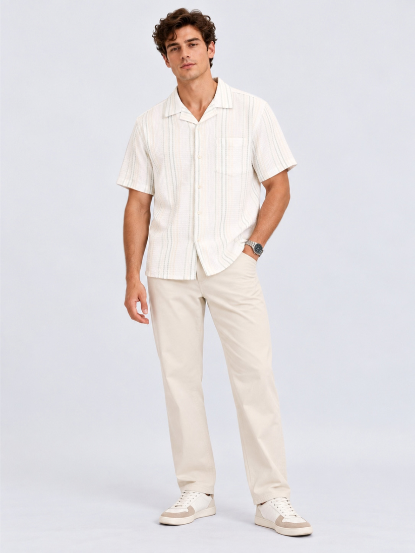 Ecru Vertical Stripe Camp Collar Shirt