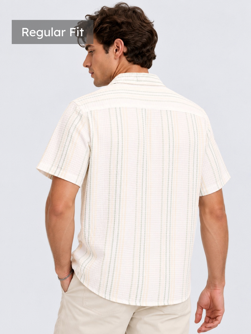 Ecru Vertical Stripe Camp Collar Shirt