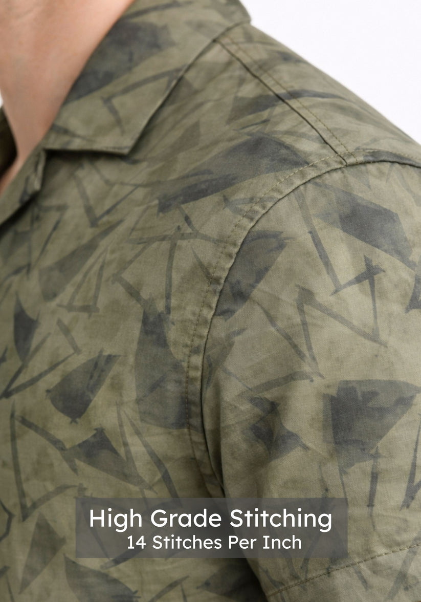 Regular Fit Olive Cuban Collar Print Shirt