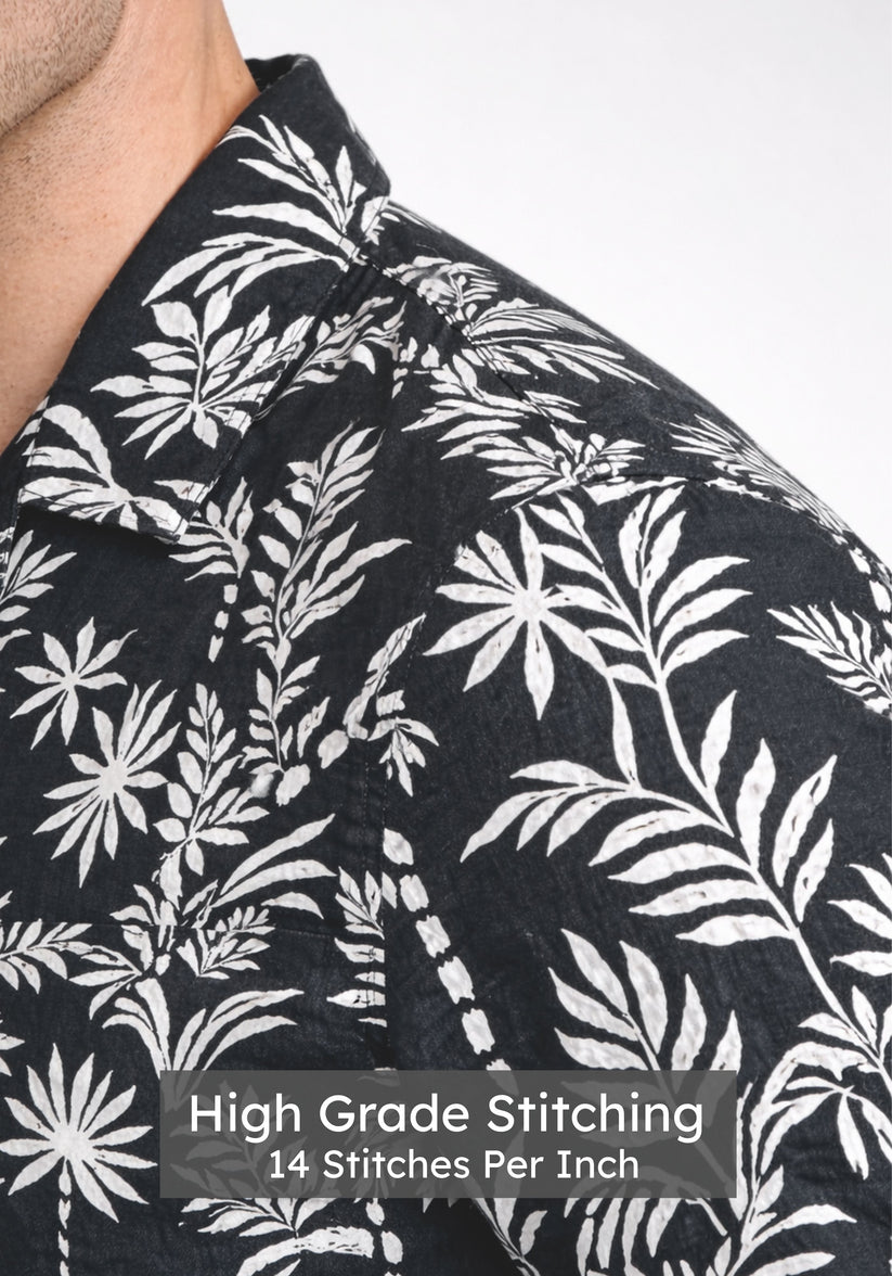 Regular Fit Black Cuban Collar Print Shirt
