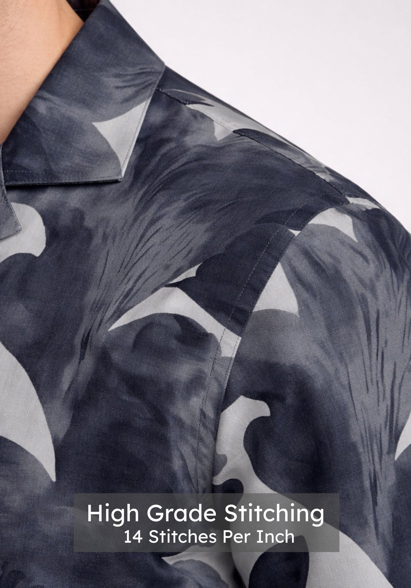 Regular Fit Charcoal Cuban Collar Print Shirt