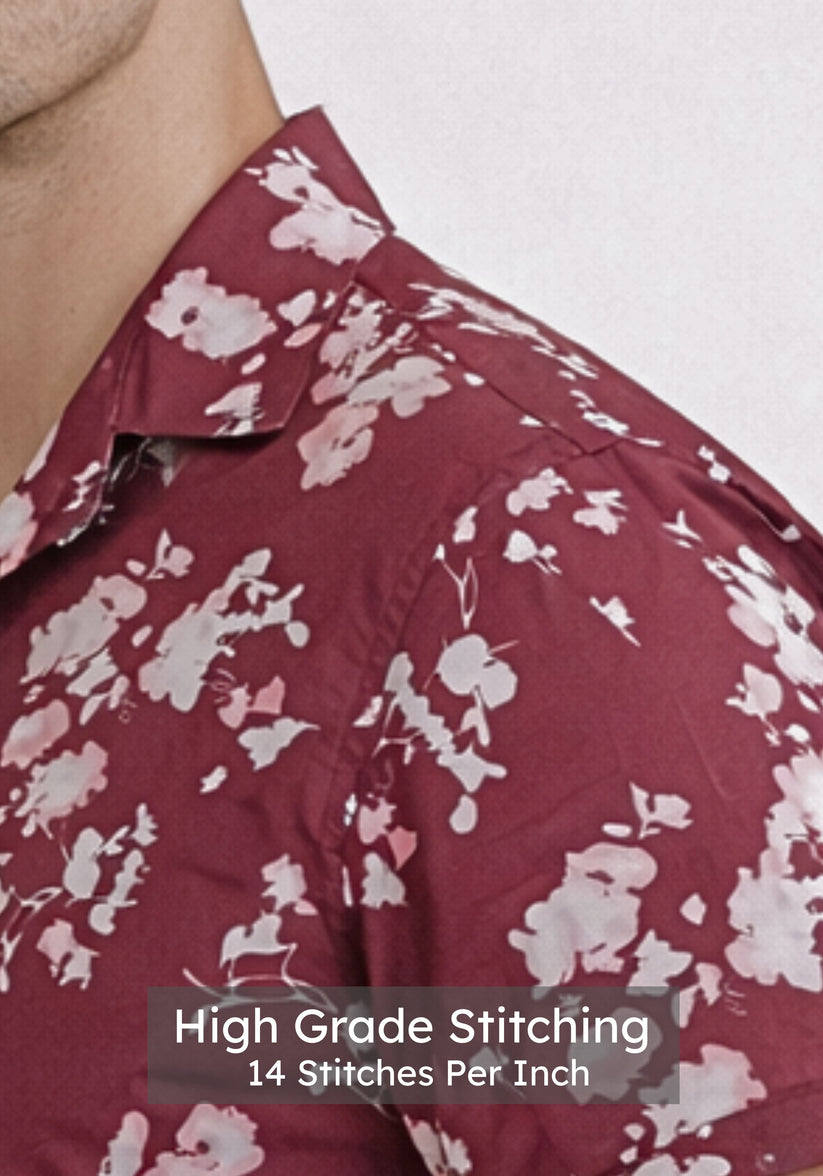 Regular Fit Maroon Cuban Collar Print Shirt