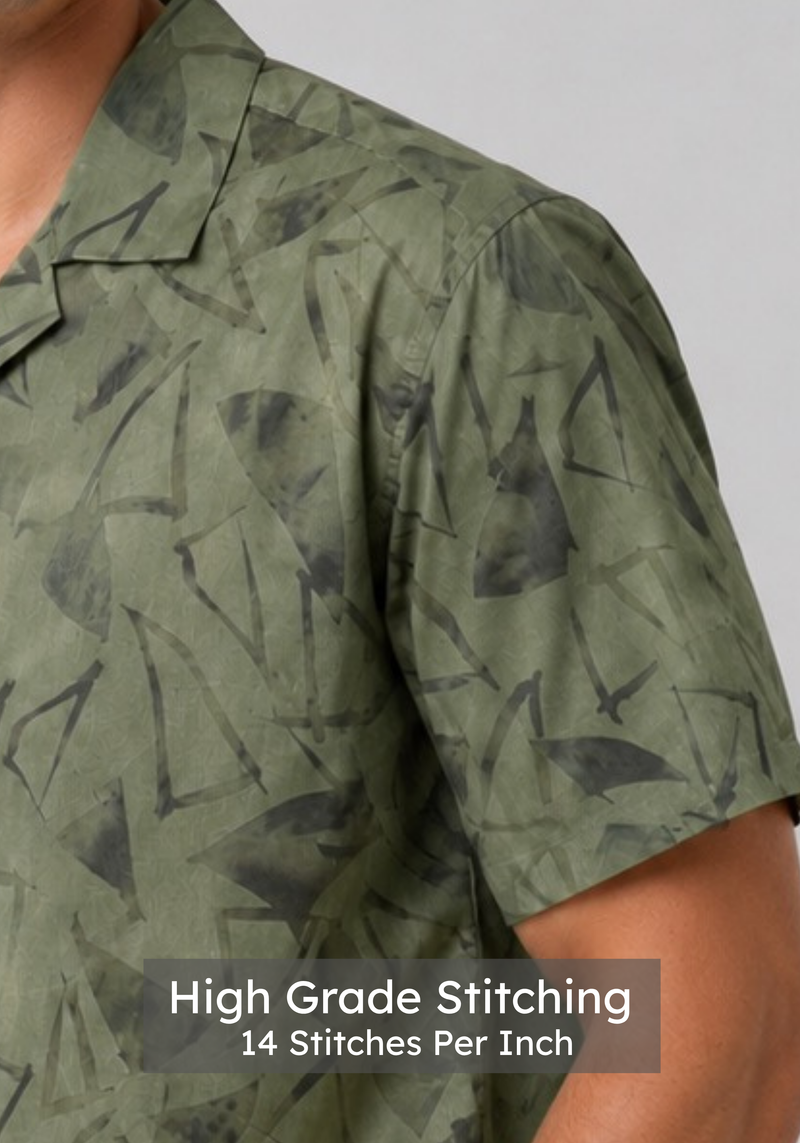 Olive Cuban Collar Print Shirt