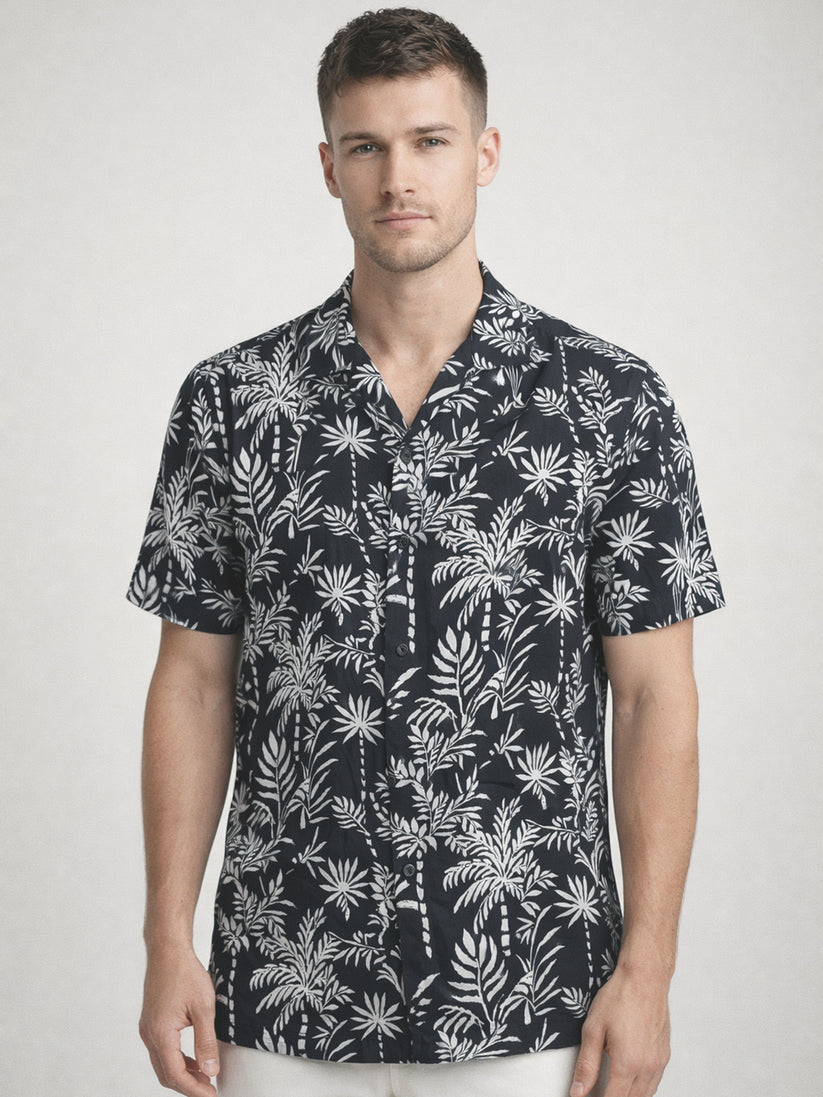 Regular Fit Black Cuban Collar Print Shirt