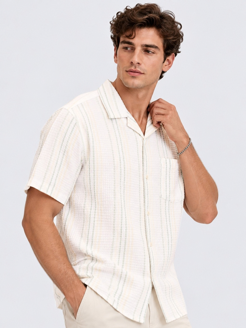Ecru Vertical Stripe Camp Collar Shirt