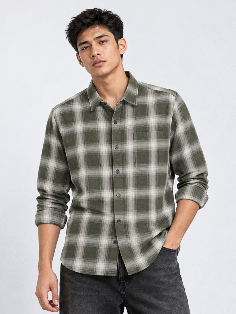 Olive Plaid Casual Shirt