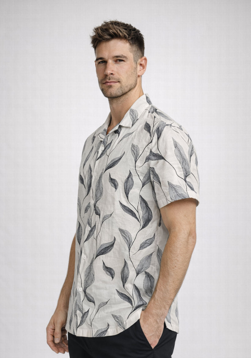 Linen Rich Ivory Print Shirt