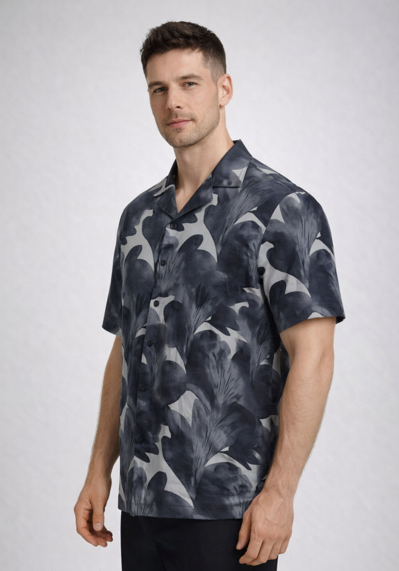 Regular Fit Charcoal Cuban Collar Print Shirt