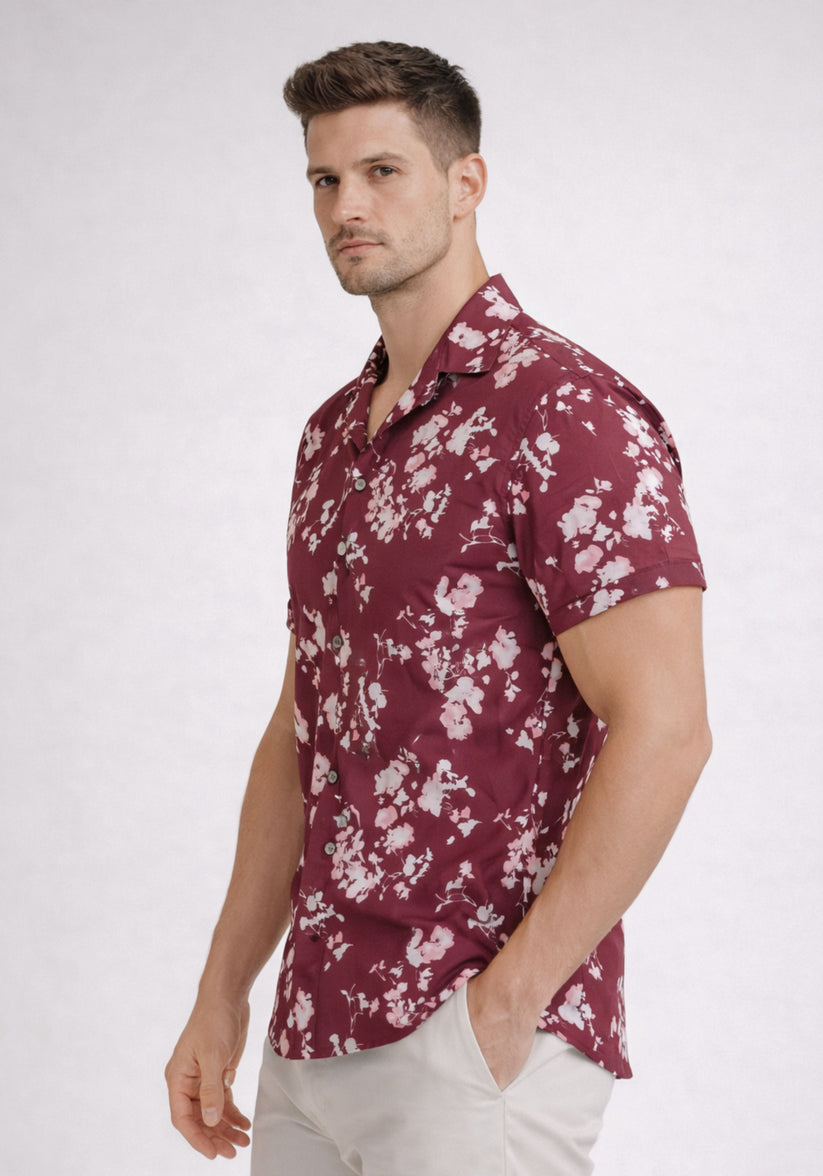 Regular Fit Maroon Cuban Collar Print Shirt