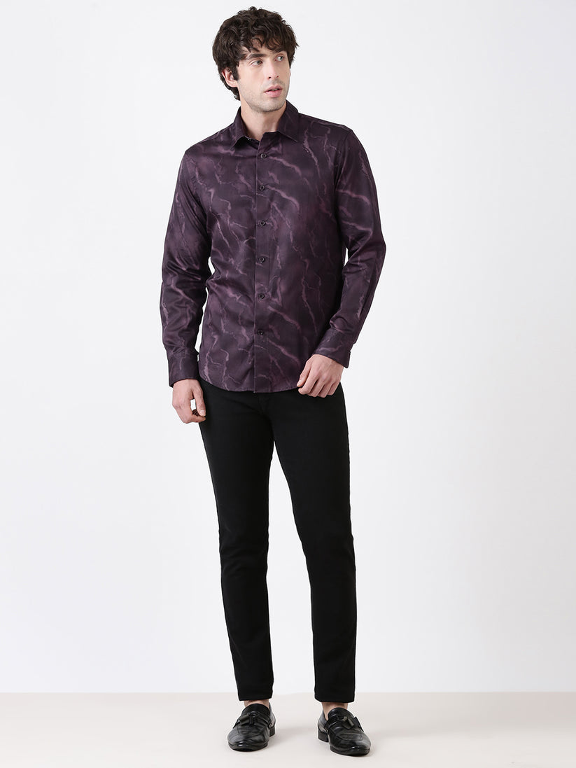 Regular Fit Maroon Print Shirt