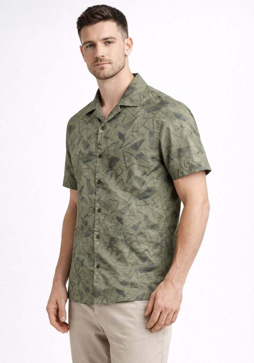 Regular Fit Olive Cuban Collar Print Shirt