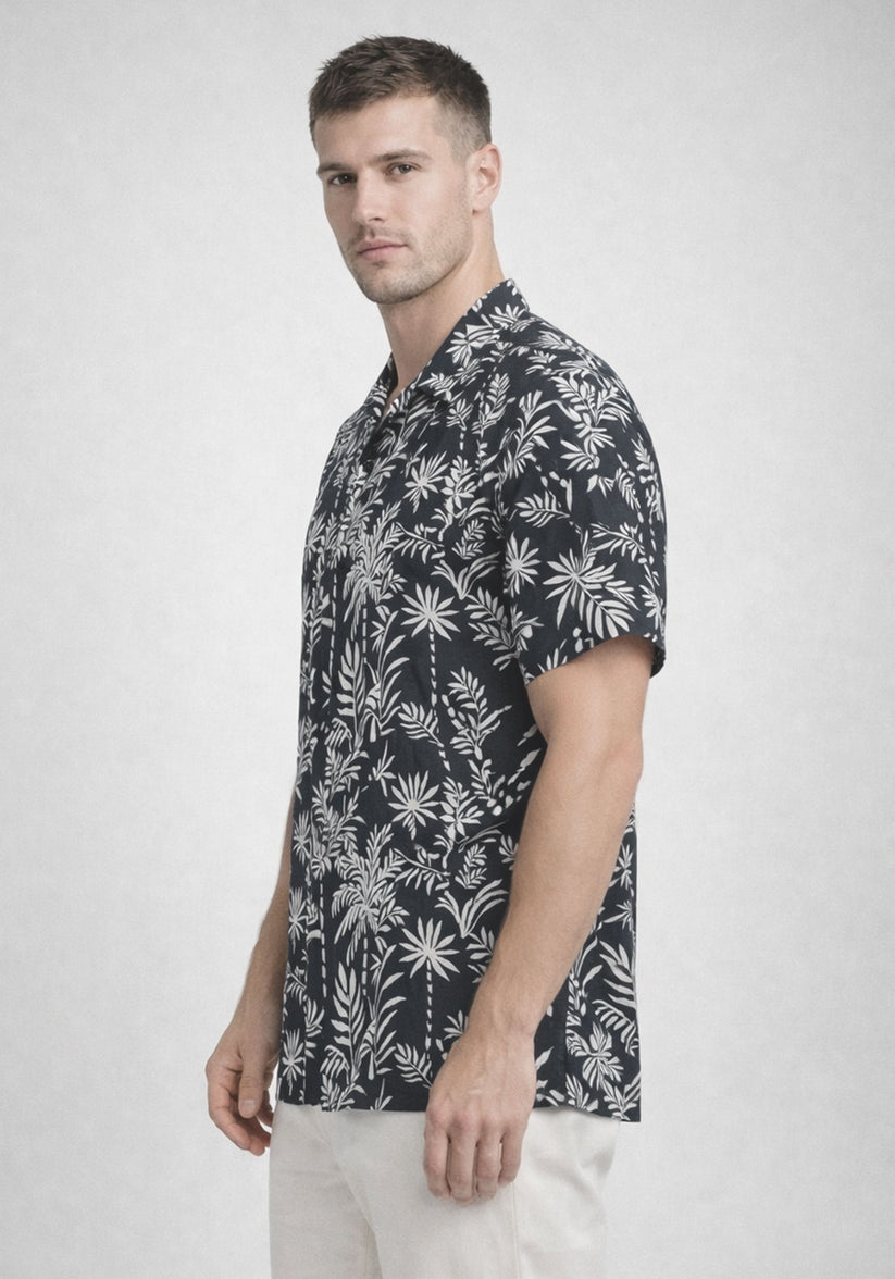 Regular Fit Black Cuban Collar Print Shirt
