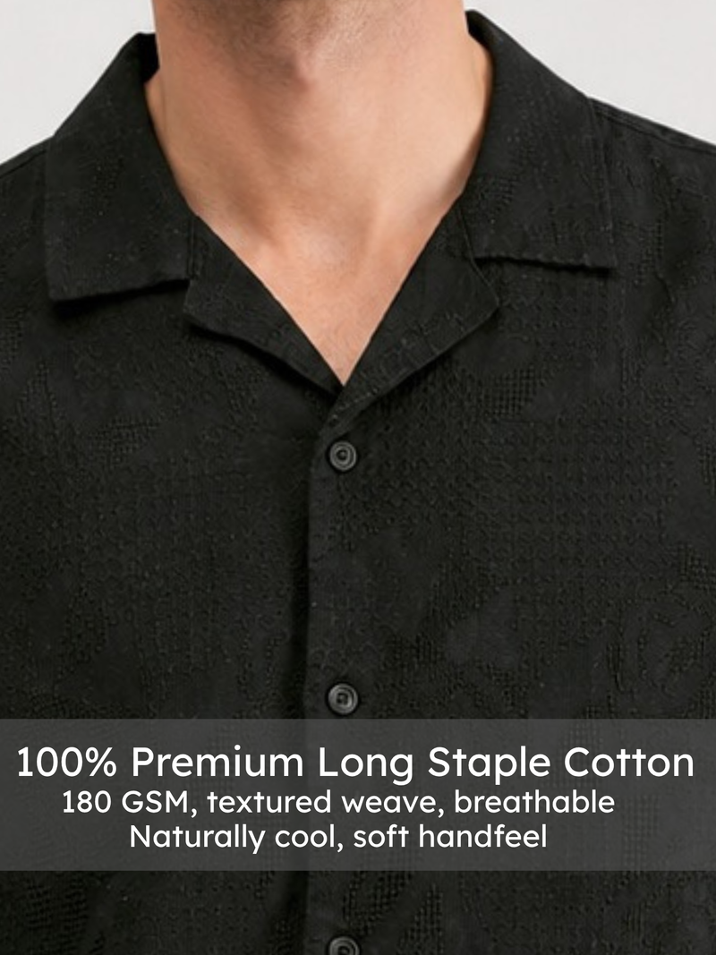 Black Cuban Collar Textured Shirt