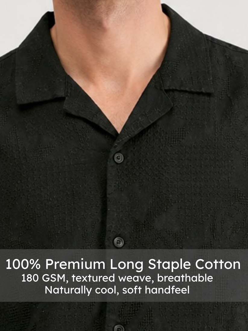 Black Cuban Collar Textured Shirt