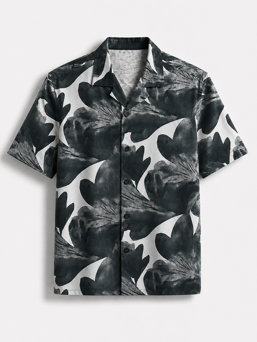 Charcoal Cuban Collar Print Shirt