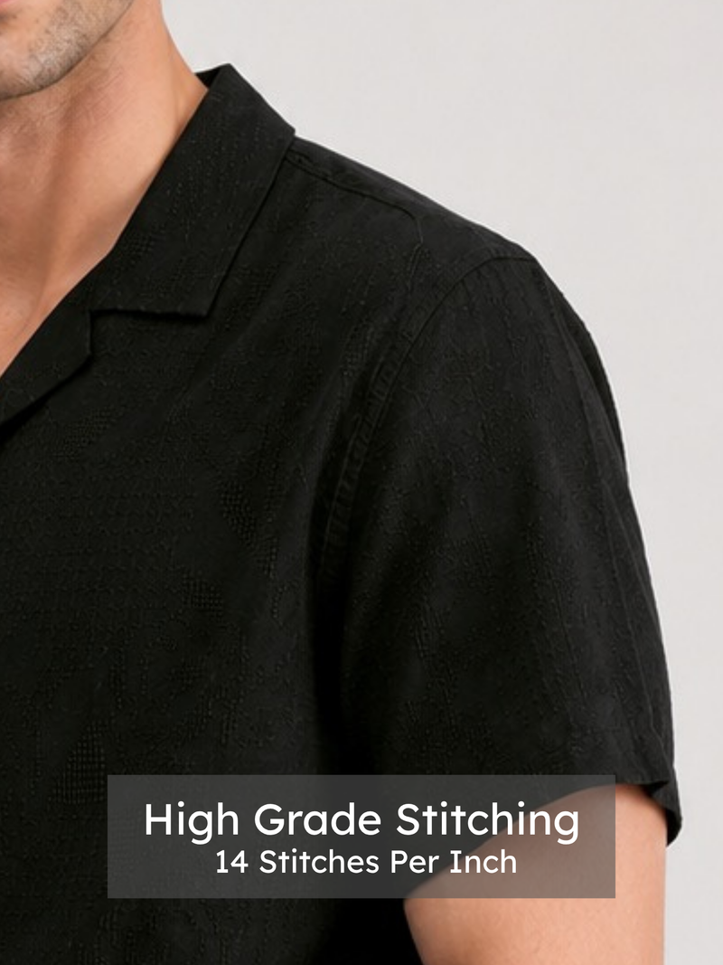 Black Cuban Collar Textured Shirt