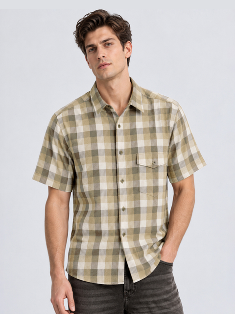 Olive Beige Plaid Half-Sleeve Shirt