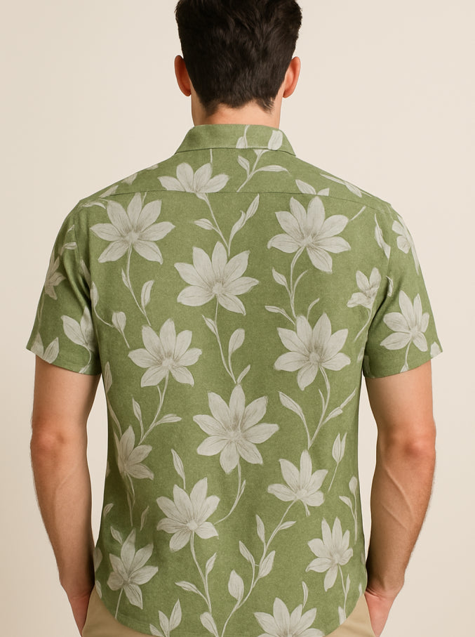 Floral Print Short Sleeve Shirt (Green)