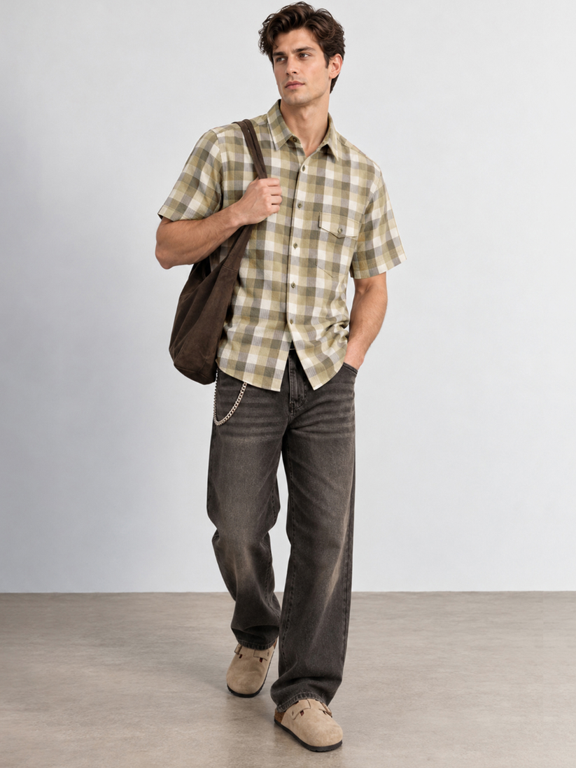 Olive Beige Plaid Half-Sleeve Shirt