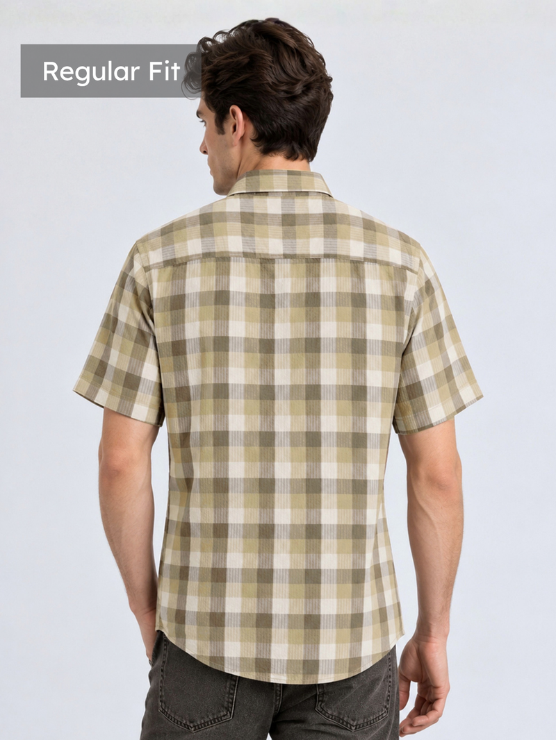 Olive Beige Plaid Half-Sleeve Shirt