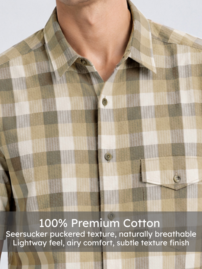 Olive Beige Plaid Half-Sleeve Shirt