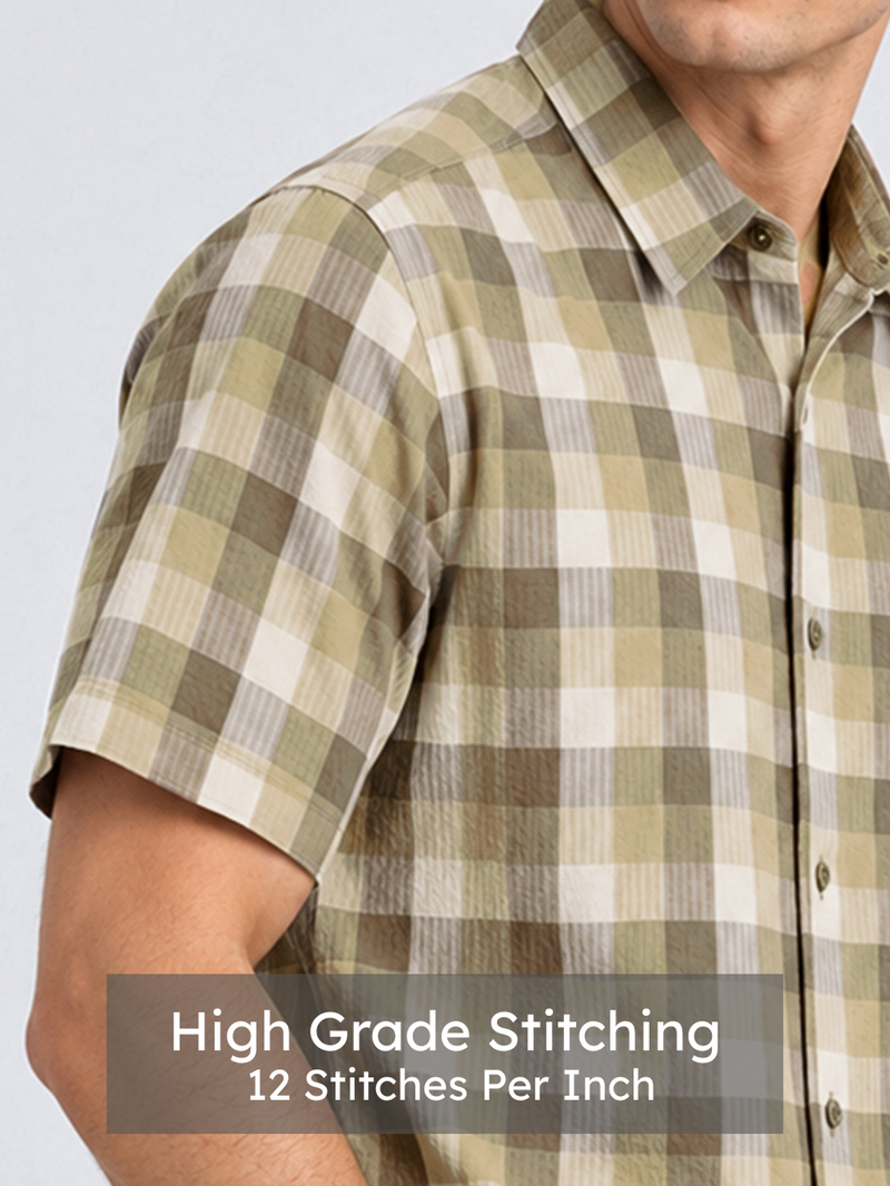 Olive Beige Plaid Half-Sleeve Shirt