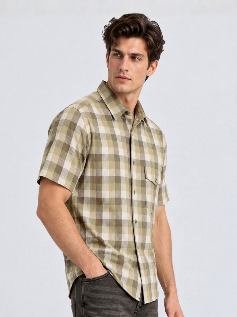 Olive Beige Plaid Half-Sleeve Shirt
