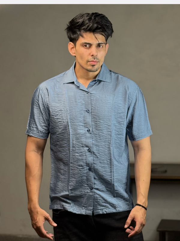 Blue Grey Crinkled Solid Shirt.