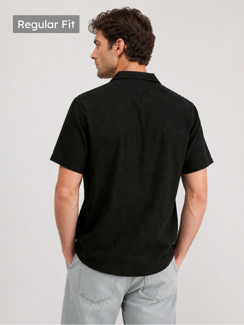 Black Cuban Collar Textured Shirt