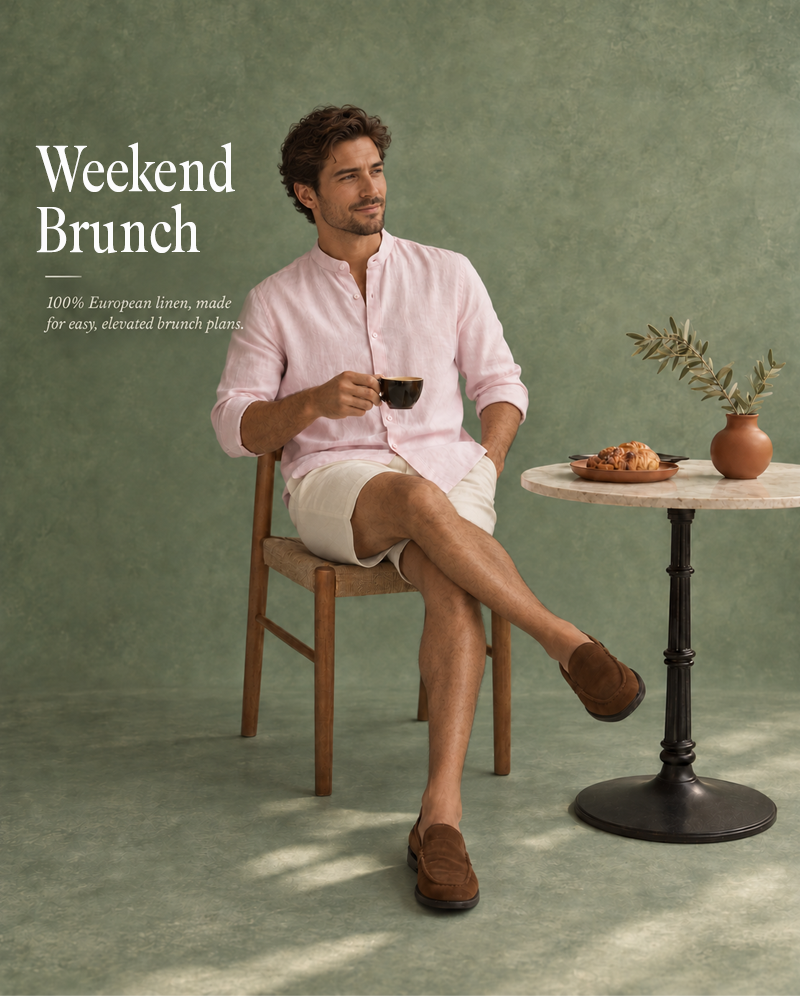 Linen Rich Mandarin Collar Shirt - White