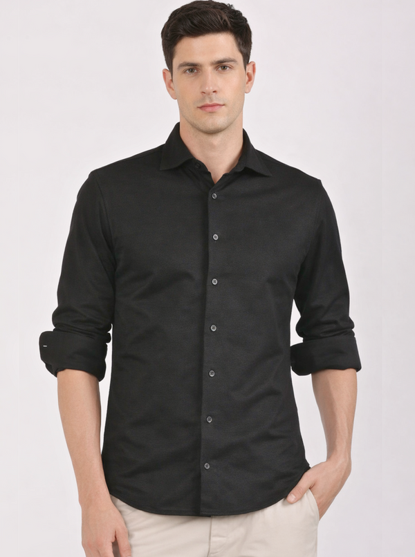Slim Fit Textured Black Knit Shirt
