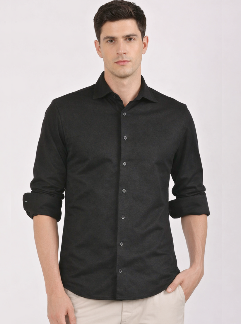 Slim Fit Textured Black Knit Shirt