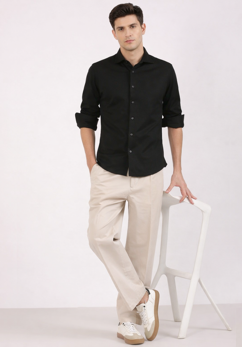 Slim Fit Textured Black Knit Shirt