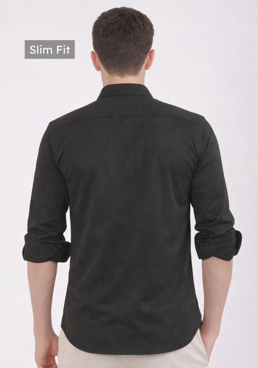 Slim Fit Textured Black Knit Shirt