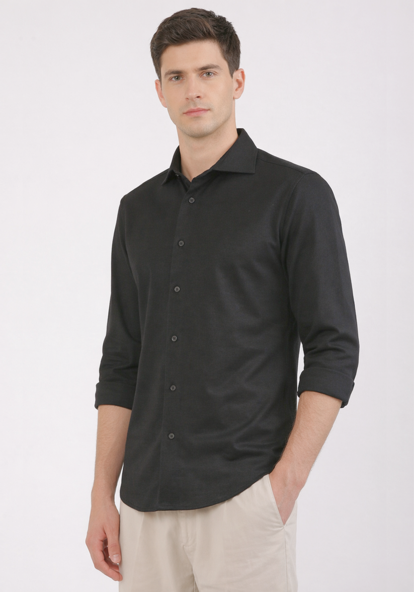 Slim Fit Textured Black Knit Shirt