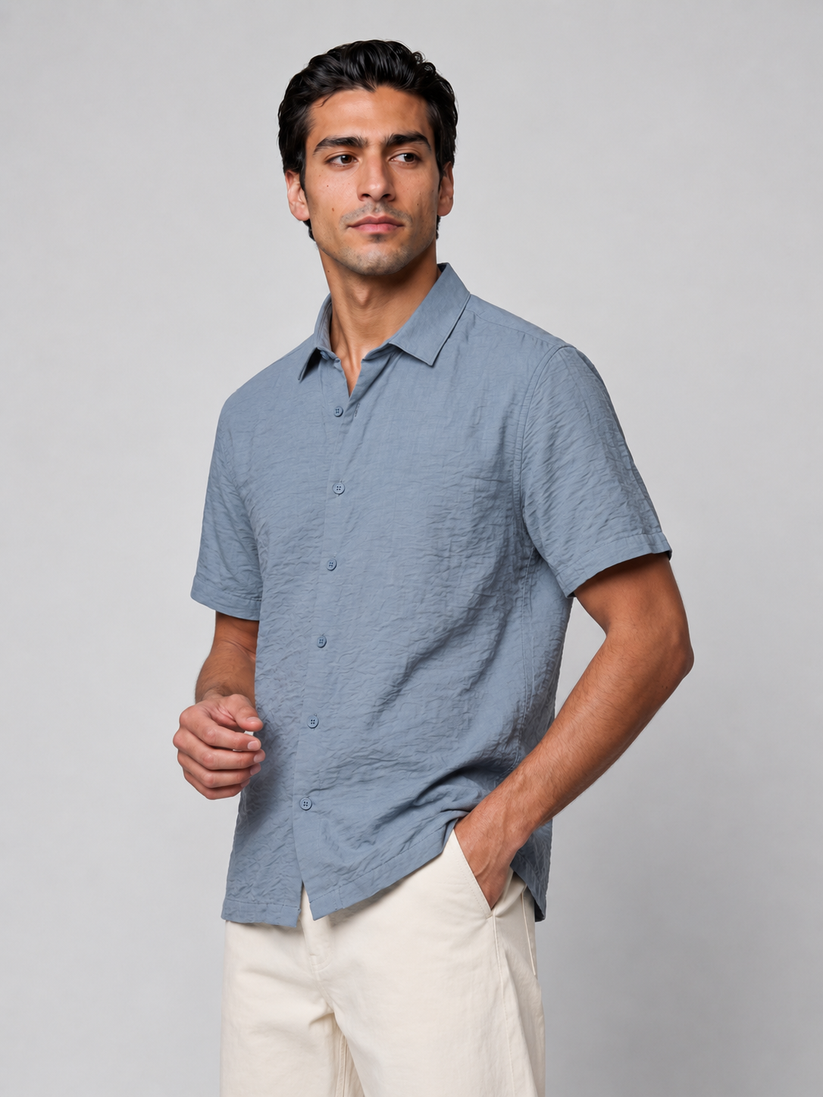 Blue Grey Crinckled Solid Shirt