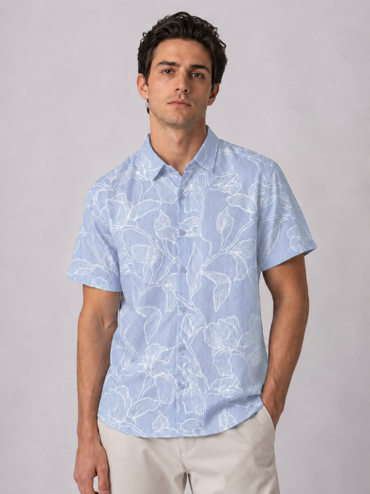 Linen Rich Sky Blue Print Shirt