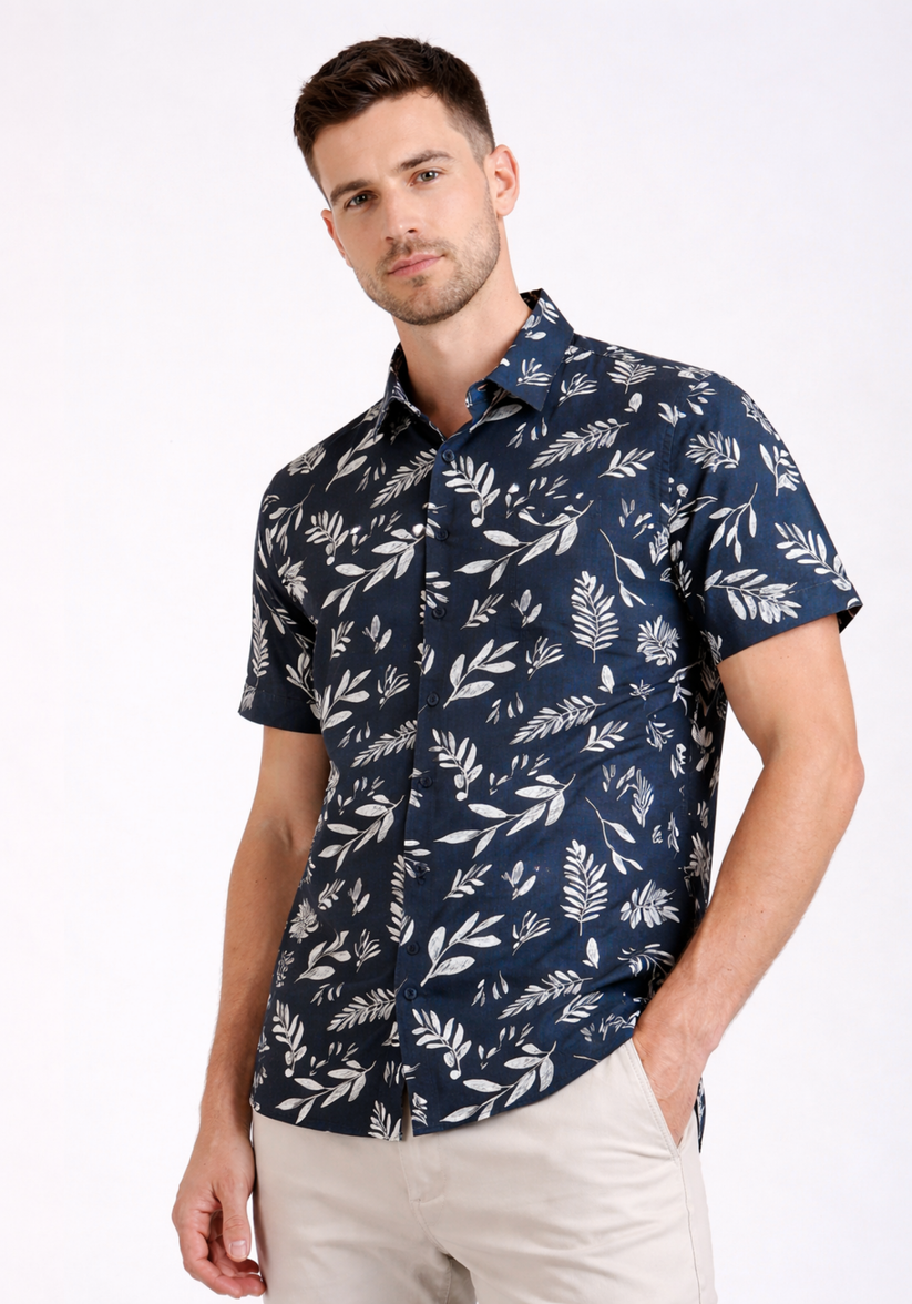 Navy Leaf Print Shirt