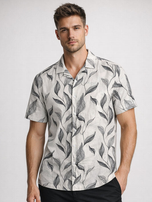 Linen Rich Ivory Print Shirt