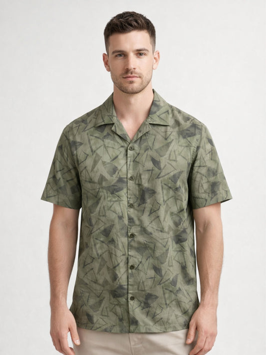 Regular Fit Olive Cuban Collar Print Shirt