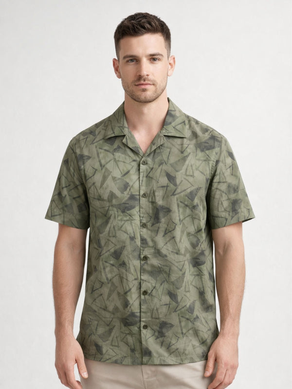 Olive Cuban Collar Print Shirt