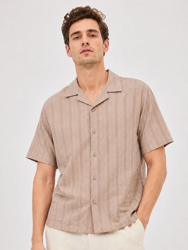 Brown Cuban Collar Textured Shirt