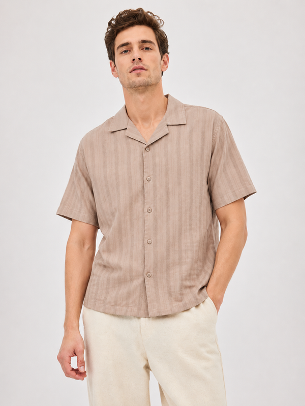 Brown Cuban Collar Textured Shirt