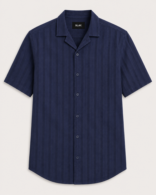 Navy Cuban Collar Textured Shirt