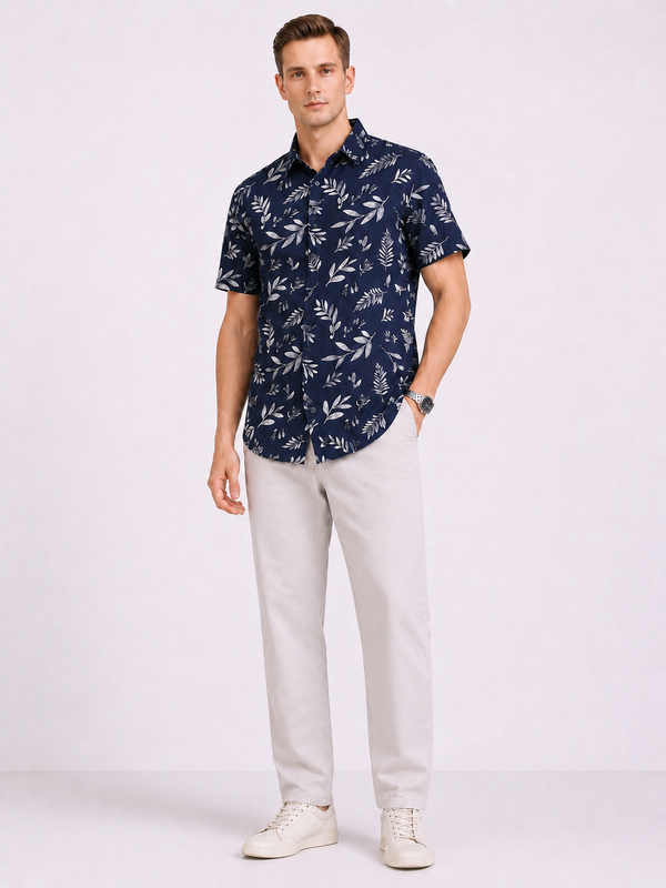 Navy Leaf Print Shirt