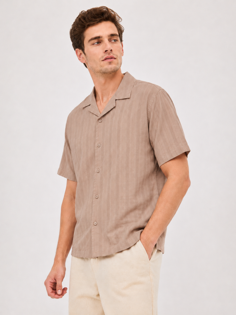Brown Cuban Collar Textured Shirt