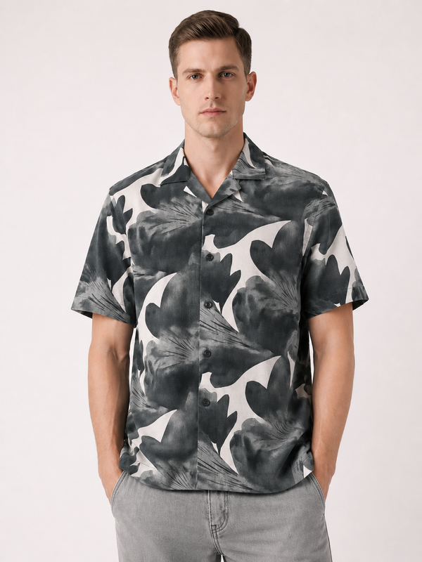 Charcoal Cuban Collar Print Shirt