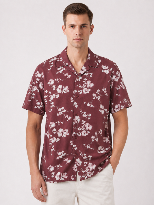 Maroon Cuban Collar Print Shirt
