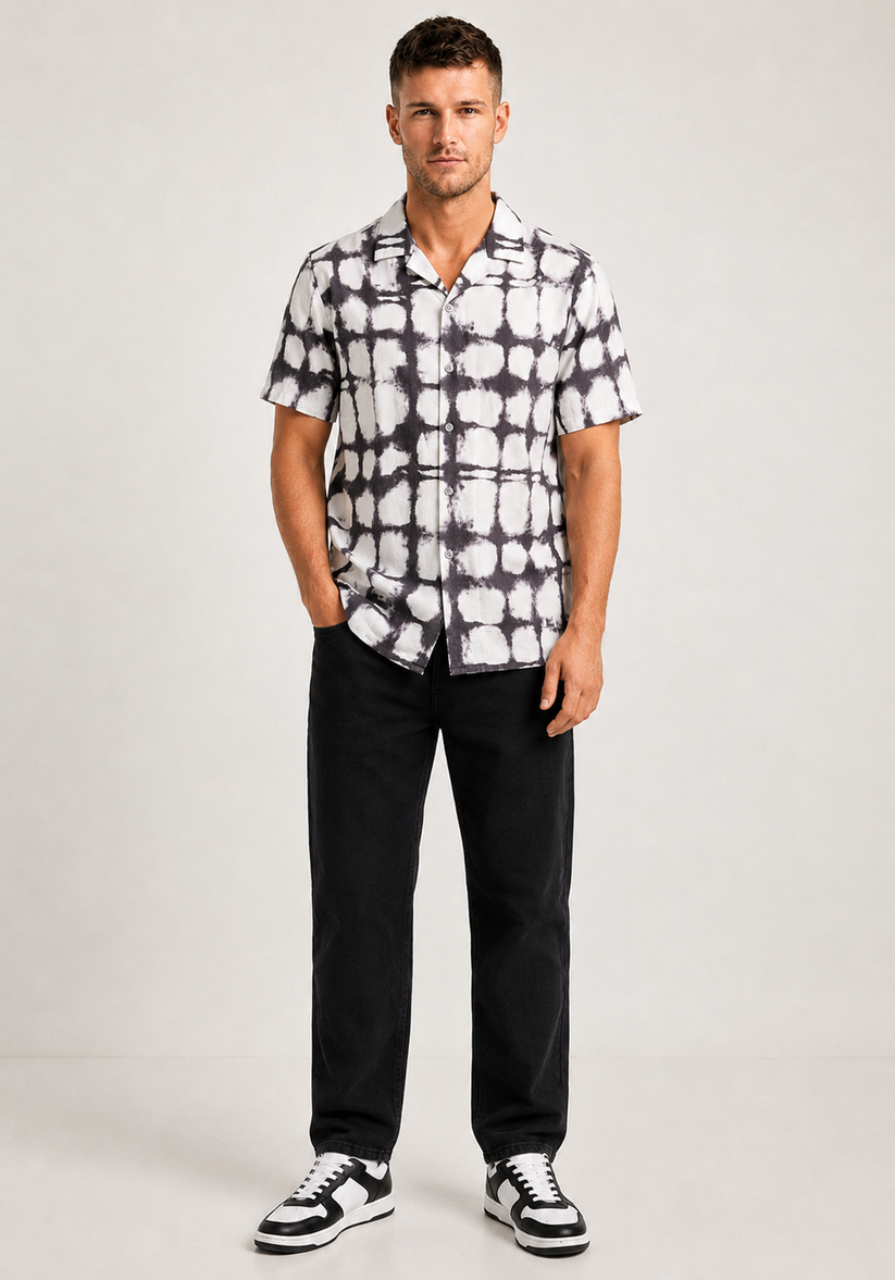 Monochrome Cuban Collar Print Shirt