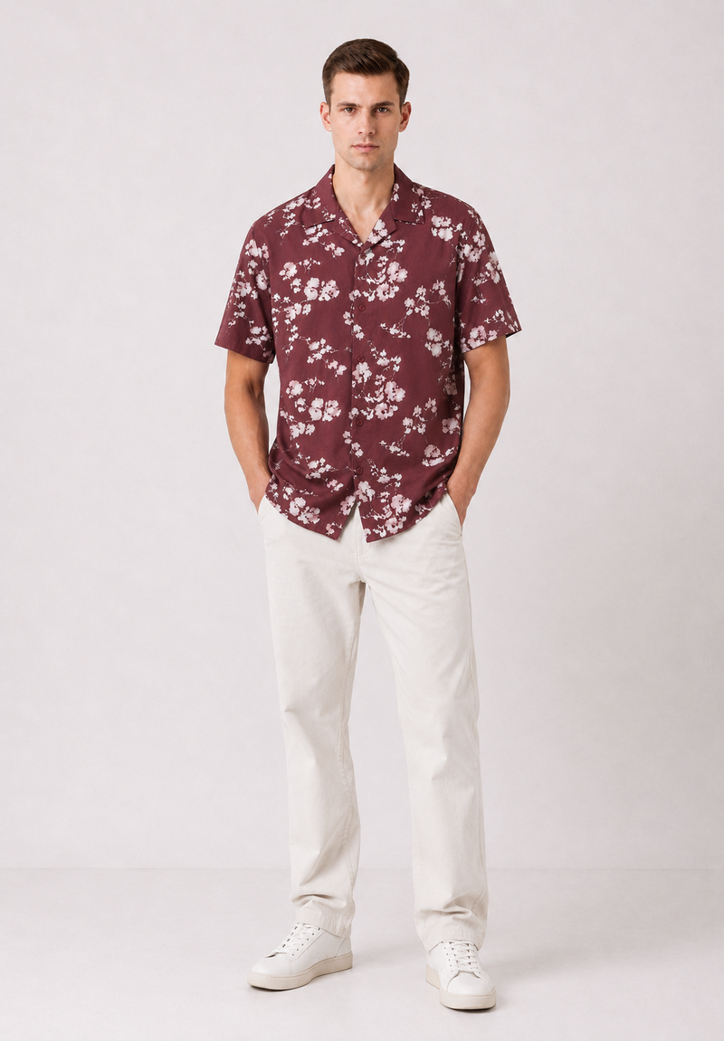 Maroon Cuban Collar Print Shirt